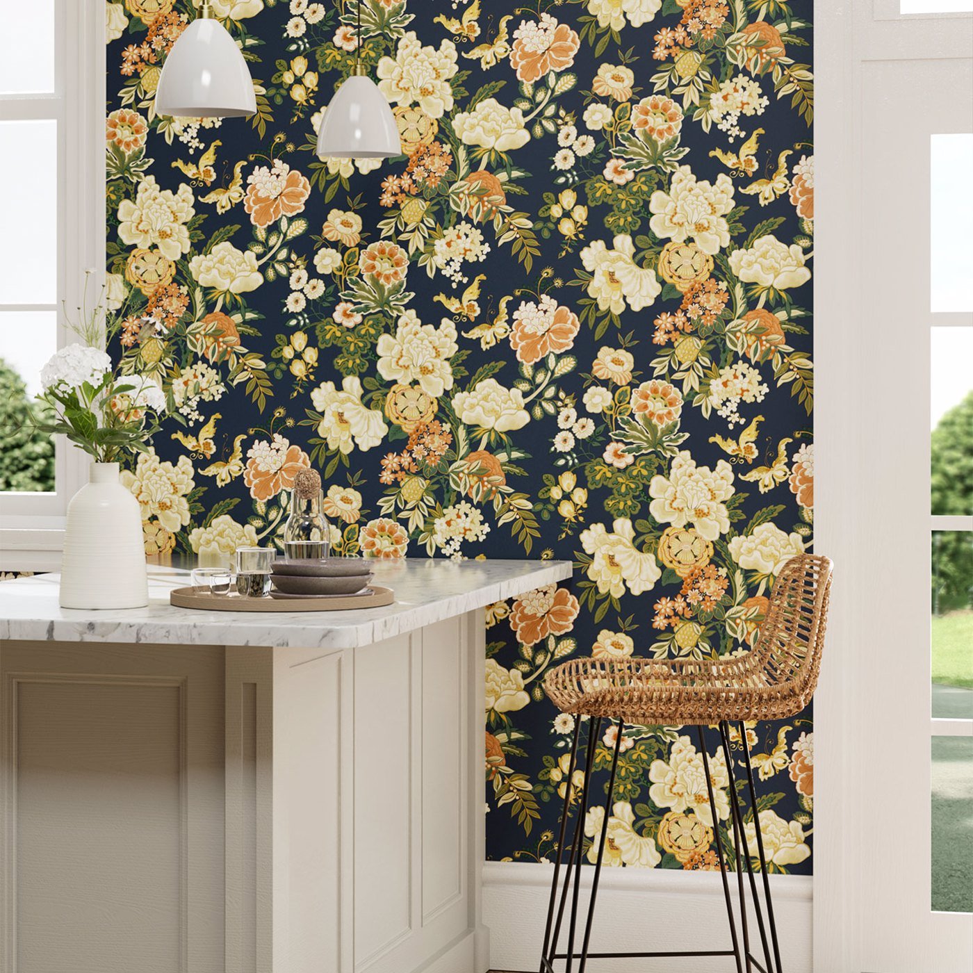 Emperor Peony Wallpaper - Midnight/Apricot - DWAW217120 - Sanderson - Morris Wallpaper