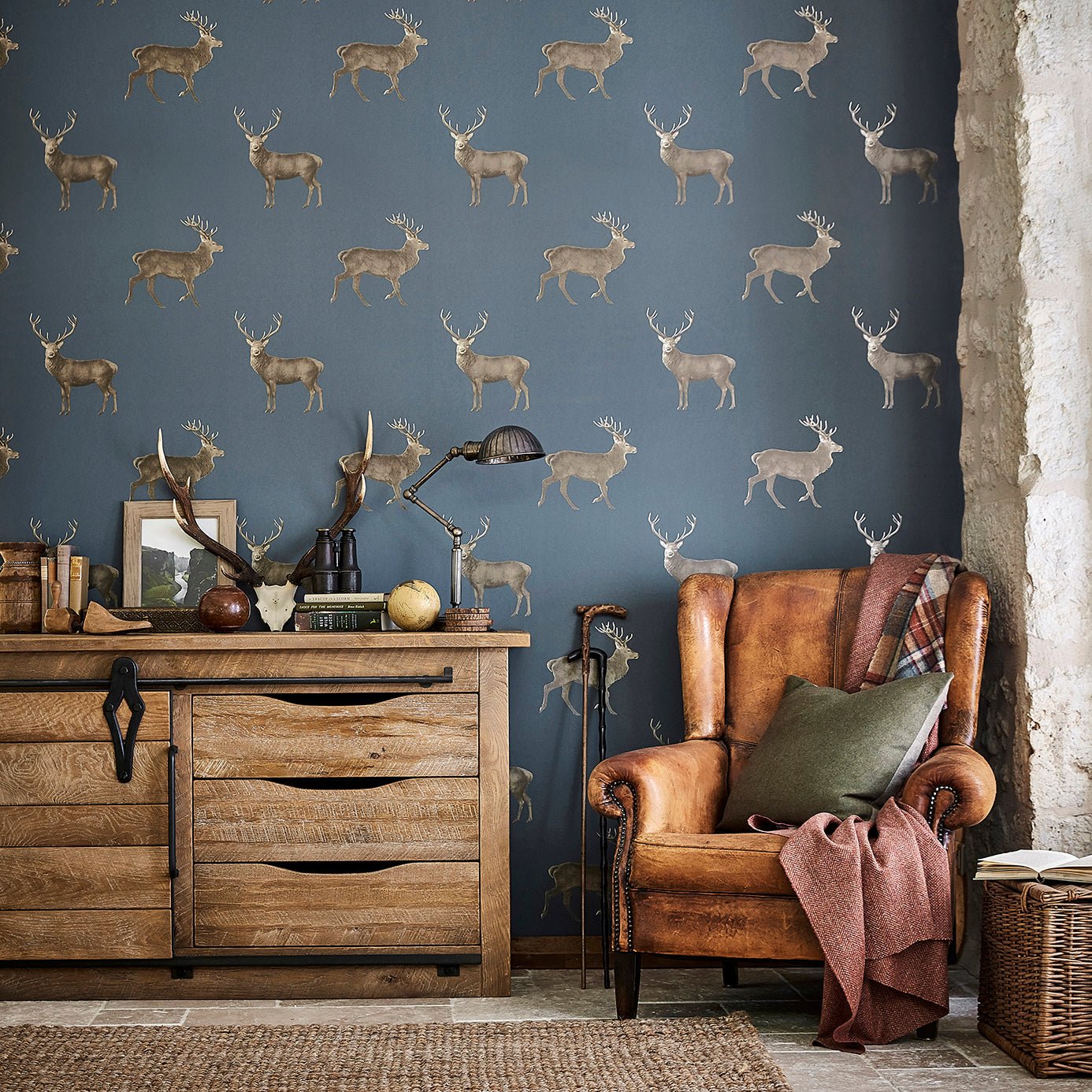 Evesham Deer Wallpaper - Indigo - Sanderson - DYSI216620 - Morris Wallpaper