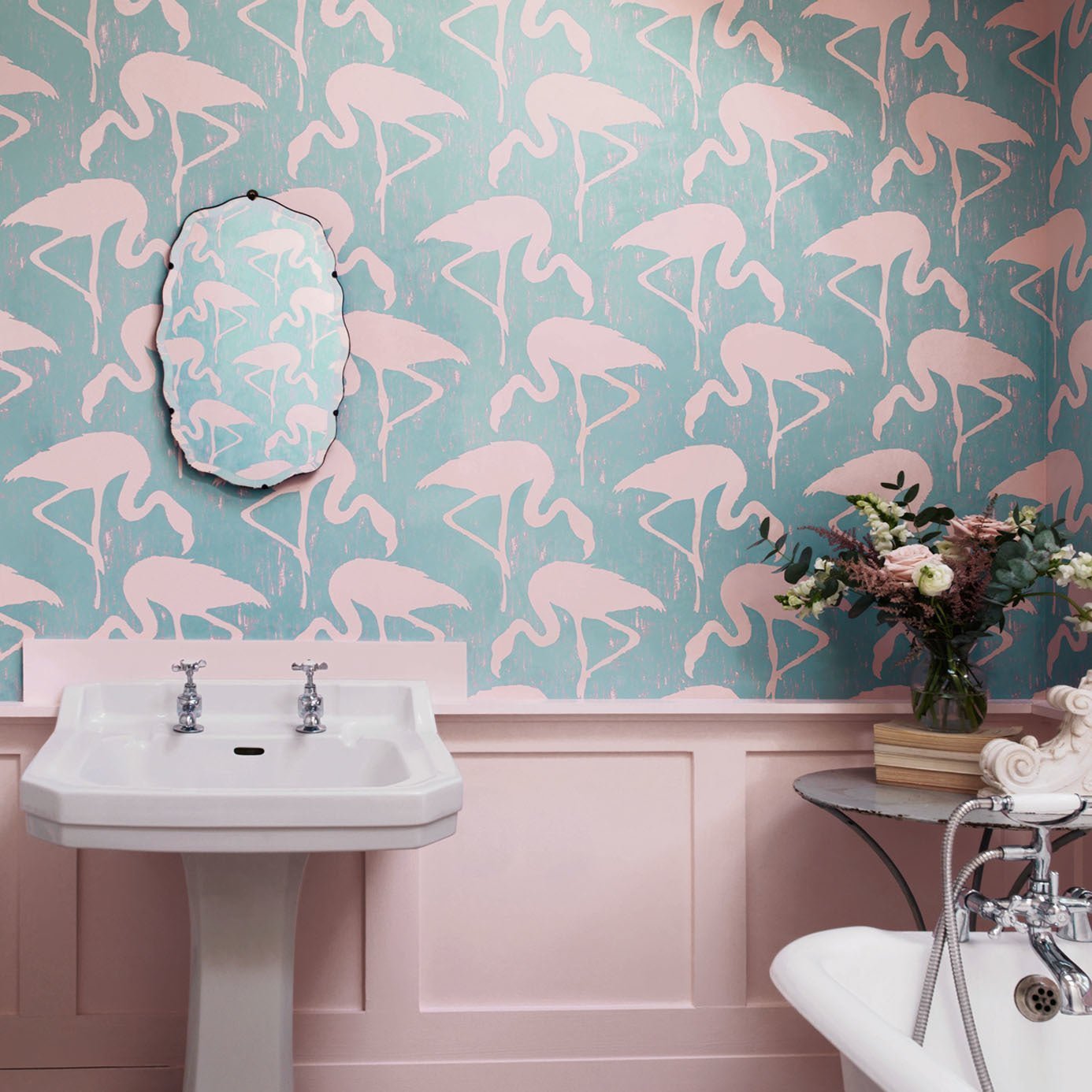 Flamingos Wallpaper - Turquoise Pink - DVIN214569 - Sanderson