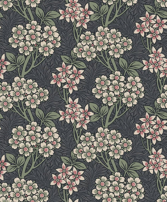 Floral Vine Wallpaper - Smoke & Laurel Green - NextWall - NW56110 - Morris Wallpaper