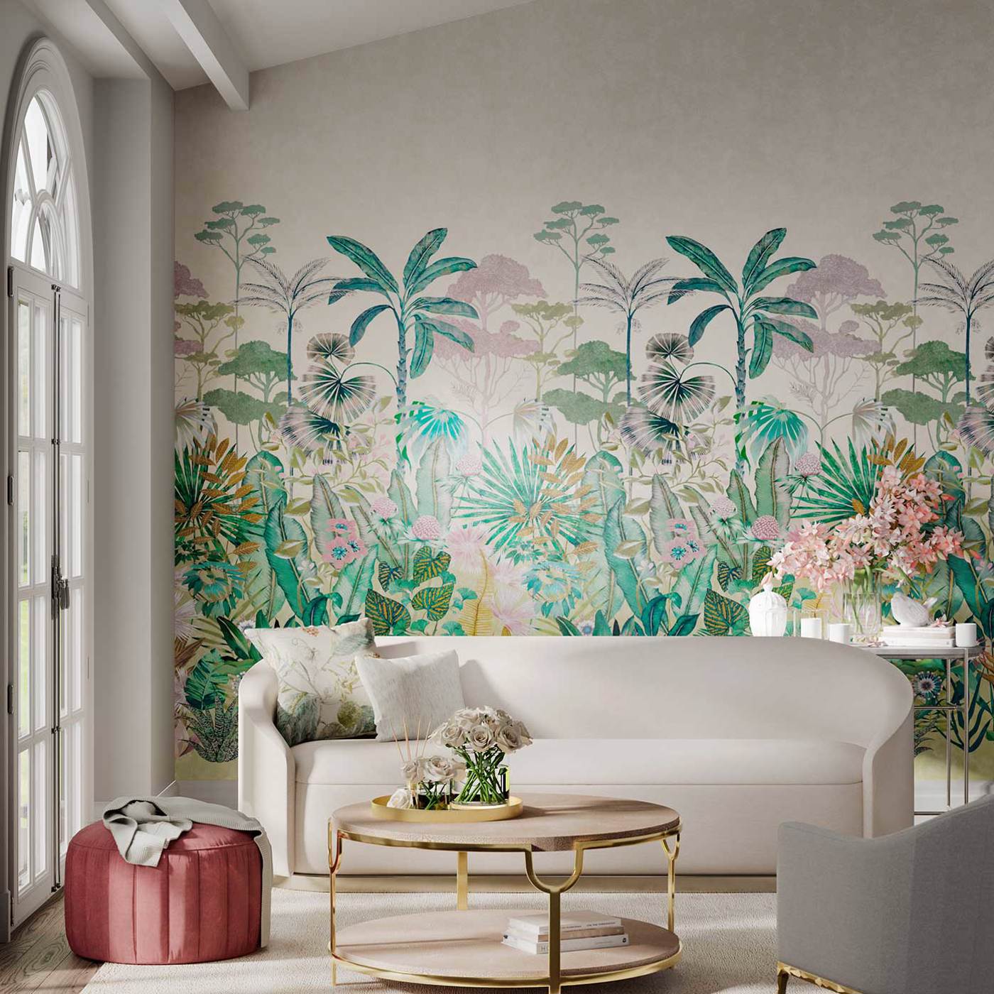 Floreana Wallpaper - Bleached Coral/Succulent/Fig Leaf - Harlequin - HTEW112777 - Morris Wallpaper