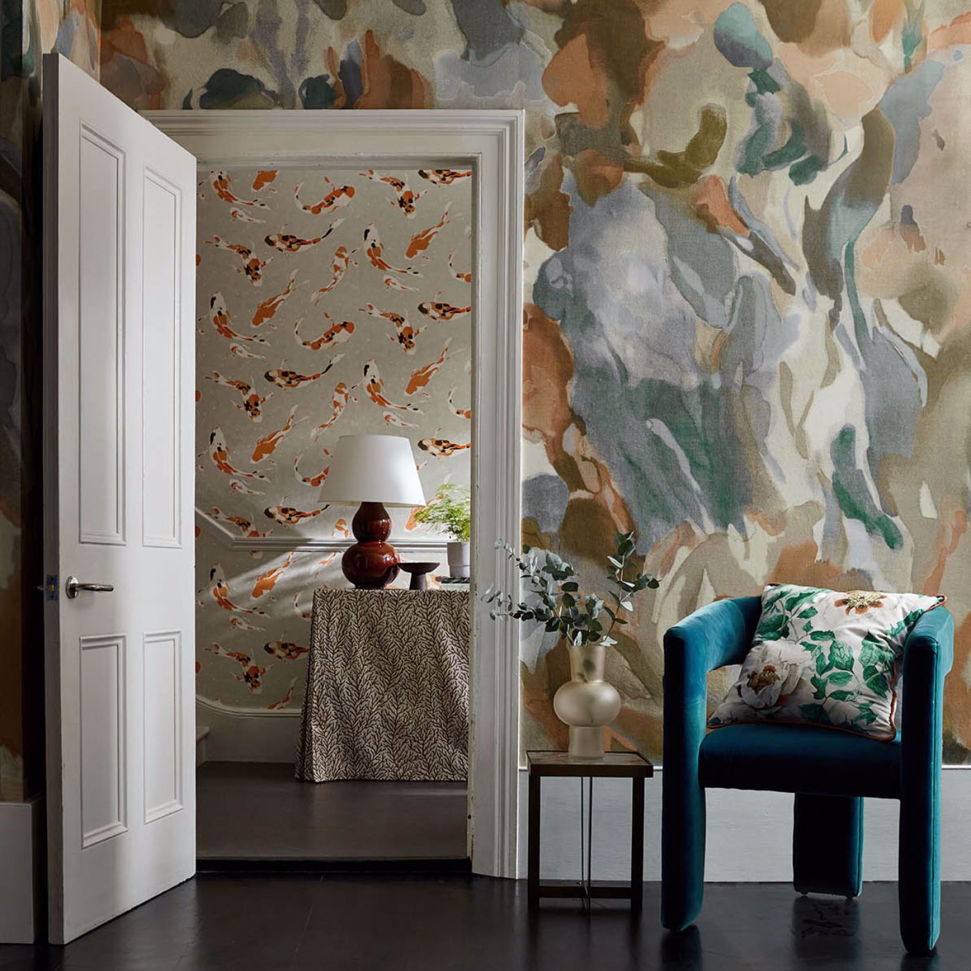 Foresta Wallpaper - Baked Terracotta/Cerulean - Harlequin - HC4W113001 - Morris Wallpaper