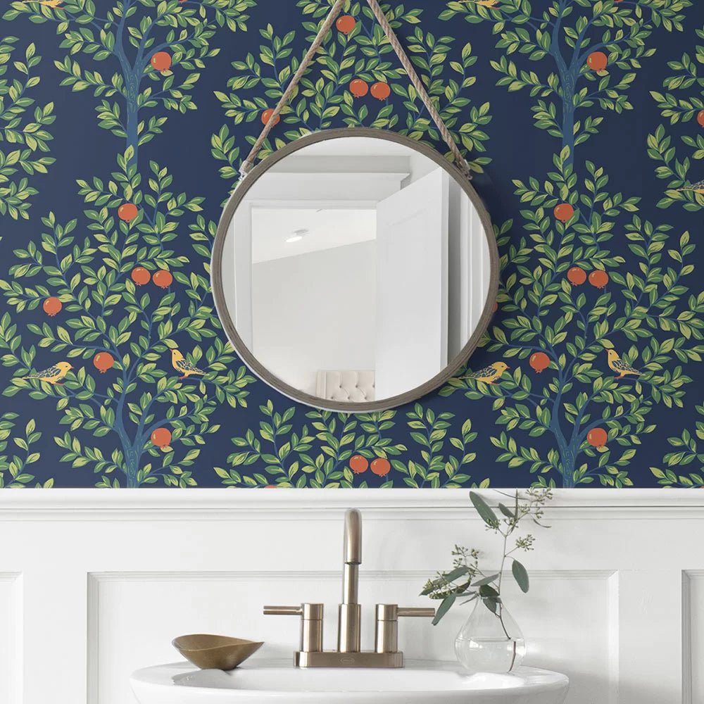 Fruit Tree Wallpaper - Navy Blue - NextWall - NW48102 - Morris Wallpaper