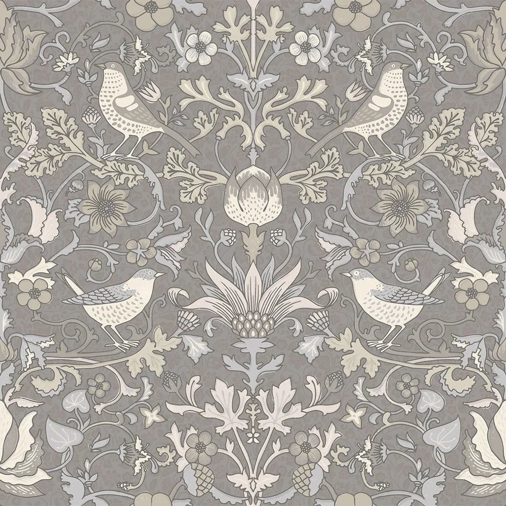 Garden Visitors Wallpaper - Earl Blue and Vintage Cream on Earl Grey - Lucie Annabel - LAN100082 - Morris Wallpaper