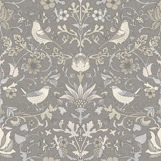 Garden Visitors Wallpaper - Earl Blue and Vintage Cream on Earl Grey - Lucie Annabel - LAN100082 - Morris Wallpaper