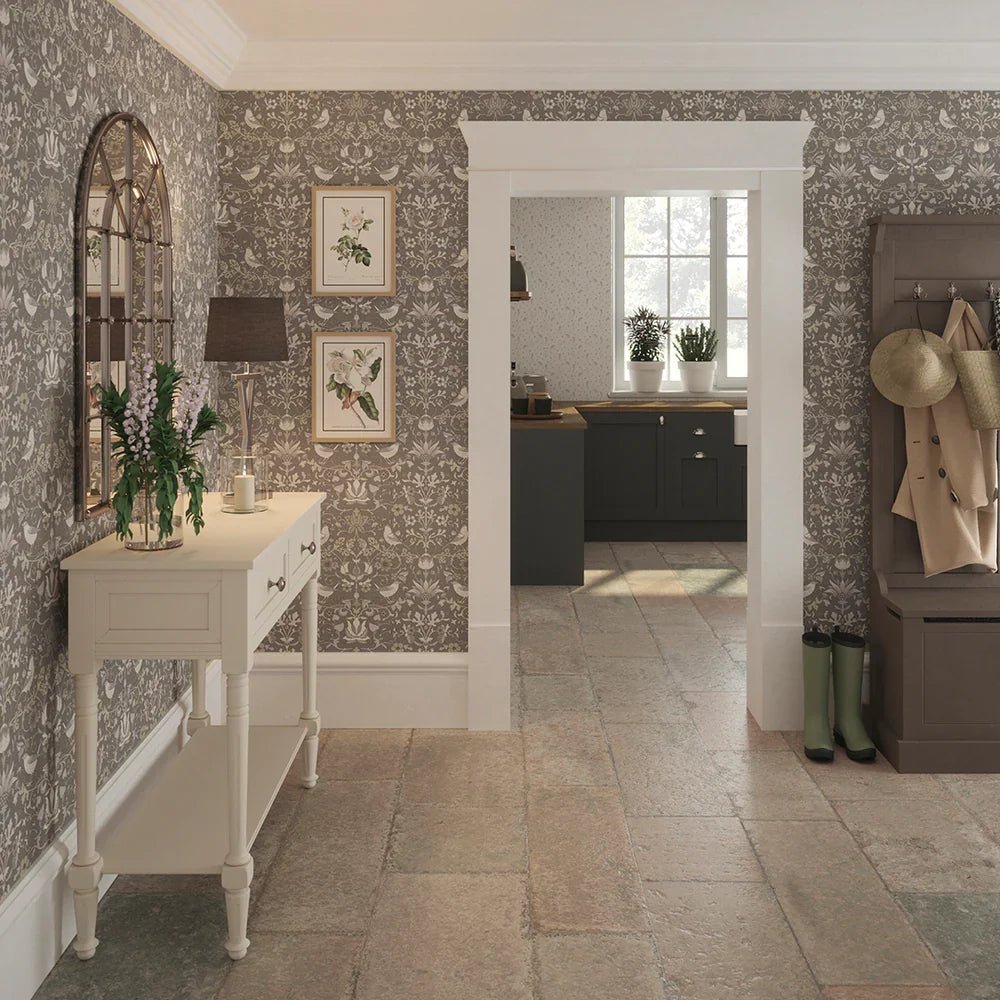 Garden Visitors Wallpaper - Earl Blue and Vintage Cream on Earl Grey - Lucie Annabel - LAN100082 - Morris Wallpaper