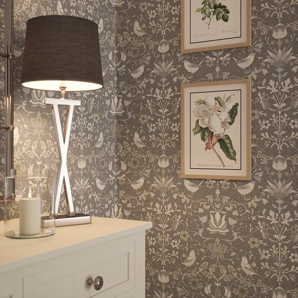 Garden Visitors Wallpaper - Earl Blue and Vintage Cream on Earl Grey - LAN100082 - Lucie Annabel - Premier Wallcovering