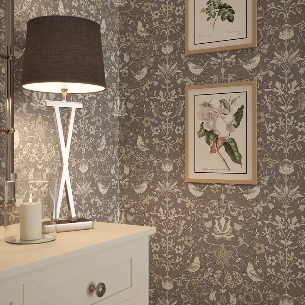 Garden Visitors Wallpaper - Earl Blue and Vintage Cream on Earl Grey - Lucie Annabel - LAN100082 - Morris Wallpaper