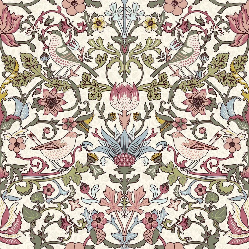 Garden Visitors Wallpaper - Raspberry, Mineral and Olive on Windsor Cream - LAN100009 - Lucie Annabel - Premier Wallcovering