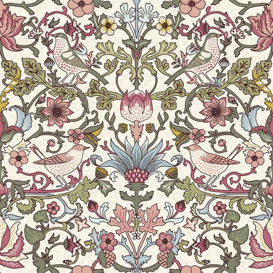 Garden Visitors Wallpaper - Raspberry, Mineral and Olive on Windsor Cream - Lucie Annabel - LAN100009 - Morris Wallpaper