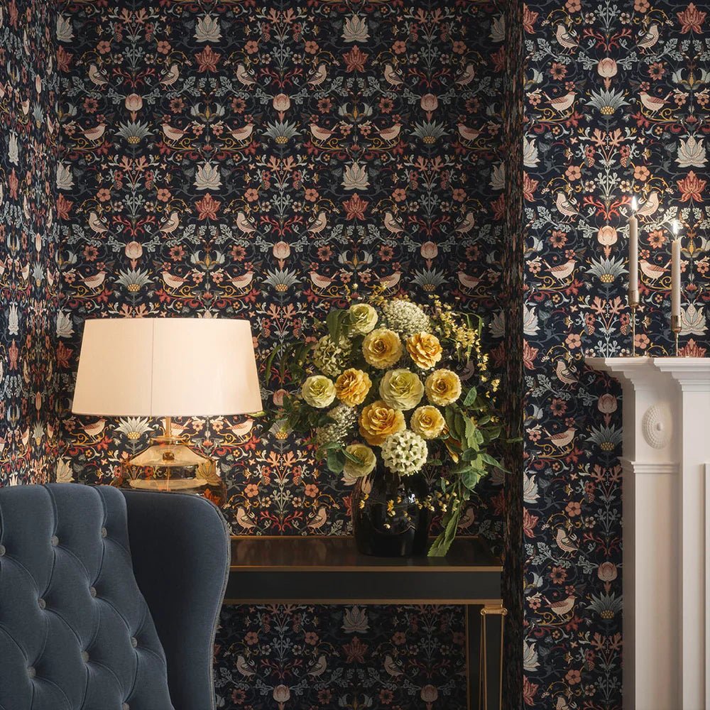 Garden Visitors Wallpaper - Shades of Rose and Mineral on Royal Navy - Lucie Annabel - LAN100008 - Morris Wallpaper