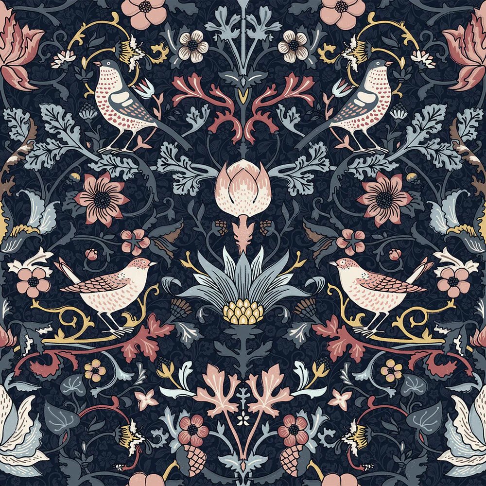 Garden Visitors Wallpaper - Shades of Rose and Mineral on Royal Navy - Lucie Annabel - LAN100008 - Morris Wallpaper