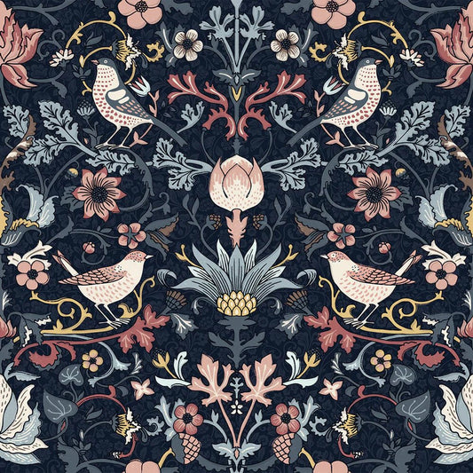 Garden Visitors Wallpaper - Shades of Rose and Mineral on Royal Navy - Lucie Annabel - LAN100008 - Morris Wallpaper