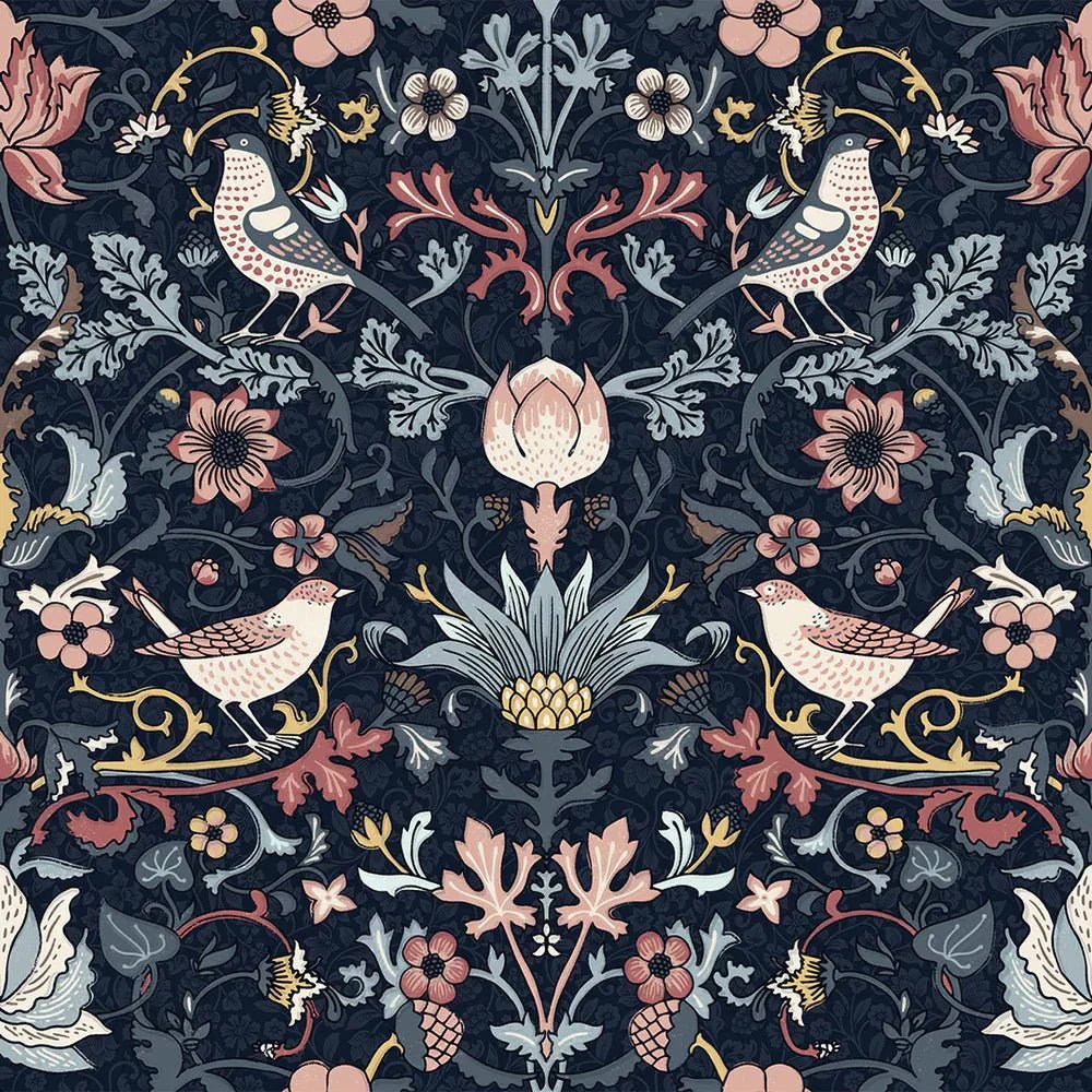 Garden Visitors Wallpaper - Shades of Rose and Mineral on Royal Navy - LAN100008 - Lucie Annabel - Premier Wallcovering