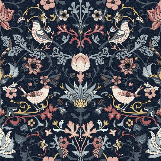 Garden Visitors Wallpaper - Shades of Rose and Mineral on Royal Navy - LAN100008 - Lucie Annabel - Premier Wallcovering