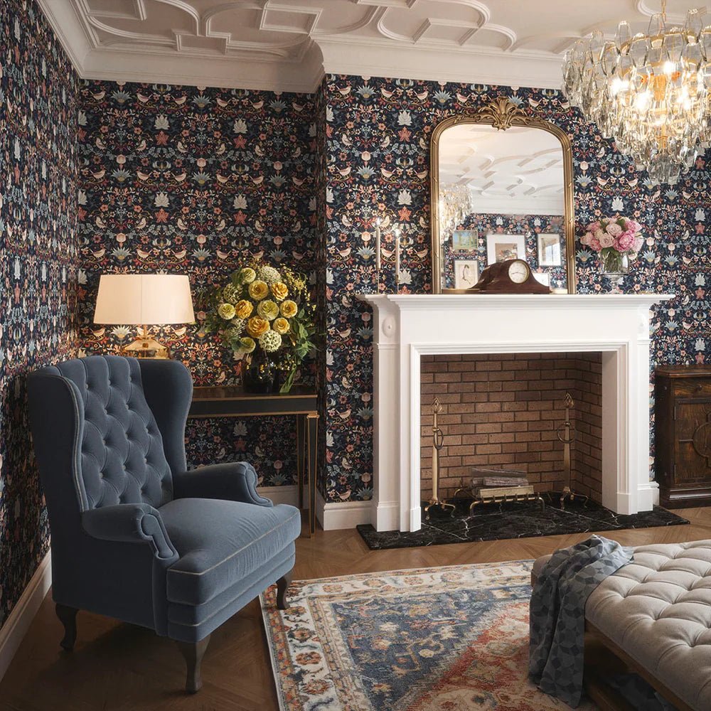 Garden Visitors Wallpaper - Shades of Rose and Mineral on Royal Navy - Lucie Annabel - LAN100008 - Morris Wallpaper