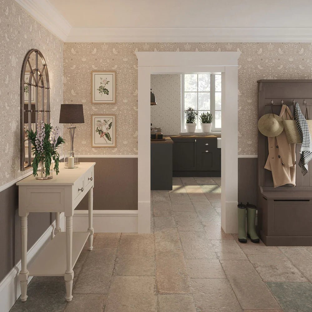 Garden Visitors Wallpaper - Vintage Cream and Linen on Dove Grey - Lucie Annabel - LAN100081 - Morris Wallpaper