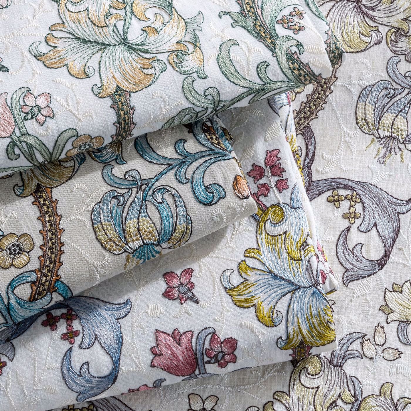 Golden Lily Embroidery Fabric - Dove - Clarke & Clarke - F1742/01 - Morris Wallpaper