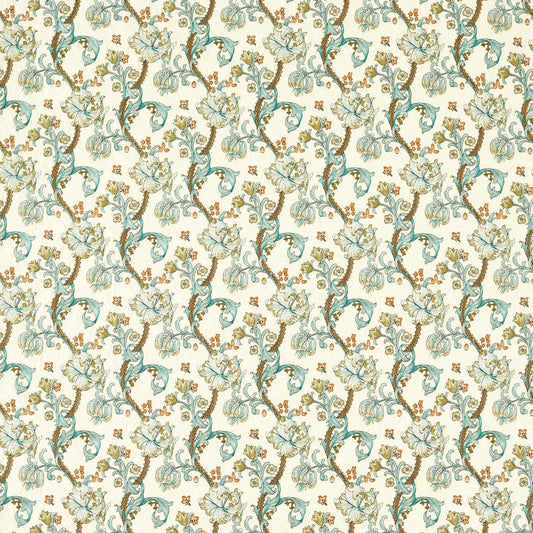 Golden Lily Embroidery Fabric - Linen/Teal - Clarke & Clarke - F1742/03 - Morris Wallpaper