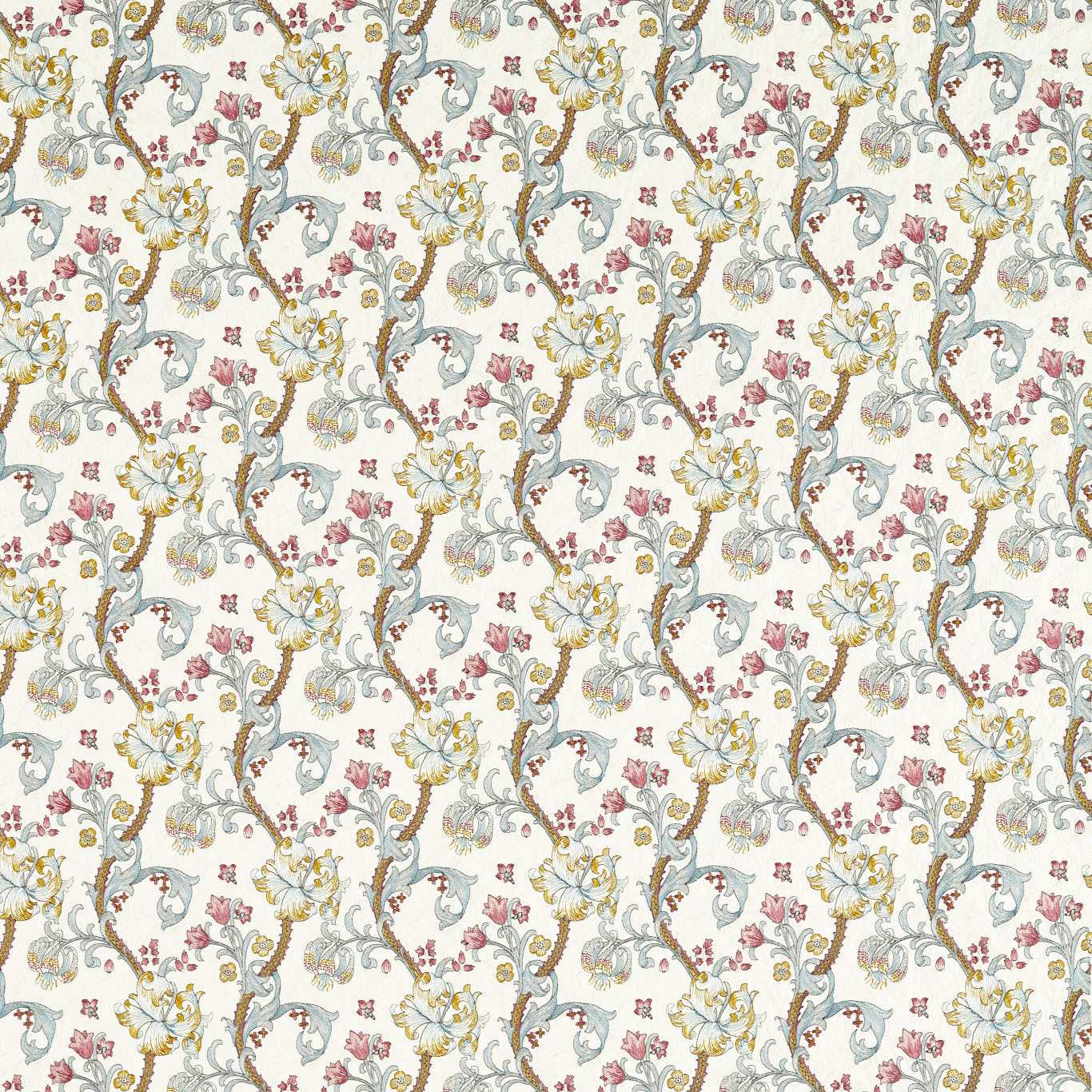 Golden Lily Embroidery Fabric - Plum/Denim - Clarke & Clarke - F1742/04 - Morris Wallpaper