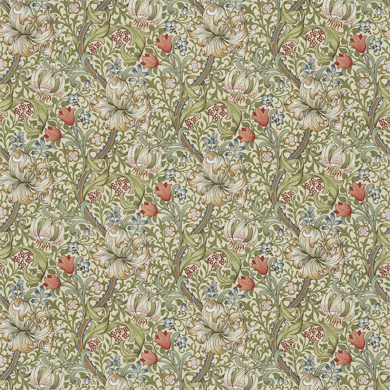 Golden Lily Fabric - Green/Gold - Morris & Co - DCMF226702 - Premier Wallcovering