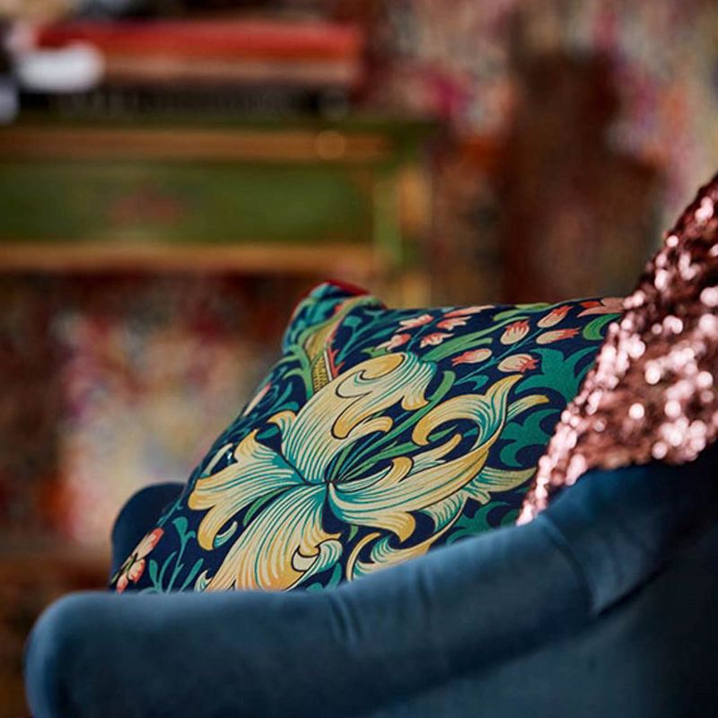 Golden Lily Fabric - Midnight/Green - Morris & Co - DMC1G3202 - Premier Wallcovering