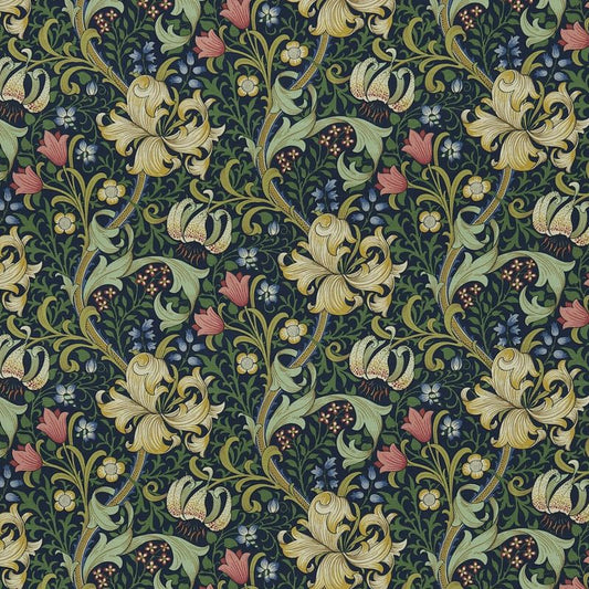 Golden Lily Fabric - Midnight/Green - Morris & Co - DMC1G3202 - Premier Wallcovering