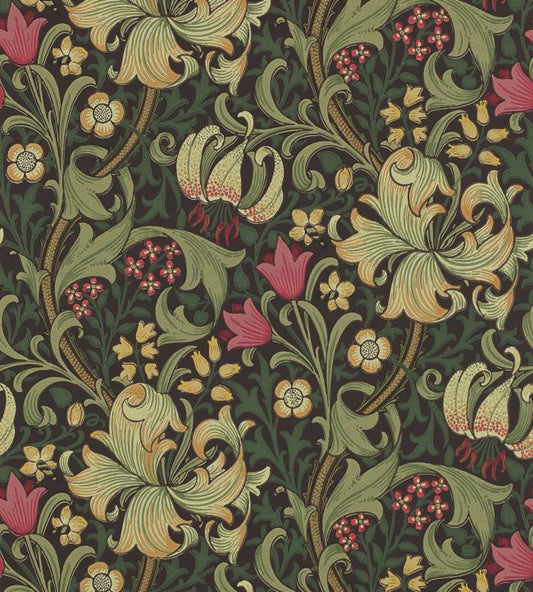 Golden Lily Wallpaper - Charcoal/Olive - DM6P210403 - Morris & Co - Morris Wallpaper
