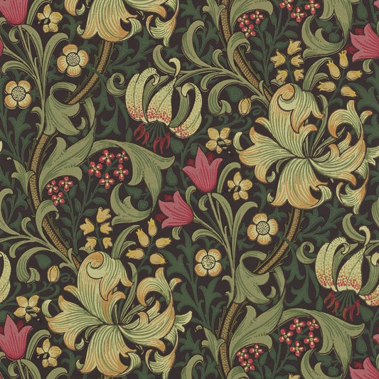 Golden Lily Wallpaper - Charcoal/Olive - 210403 - Morris & Co