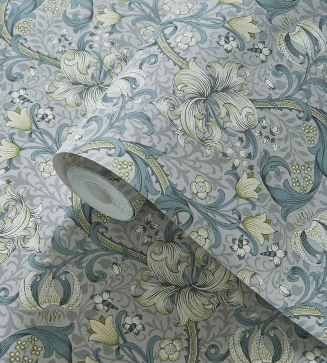 Golden Lily Wallpaper - Colour Slate/Dove - W0174/02 - Clarke & Clarke - William Morris - Morris Wallpaper