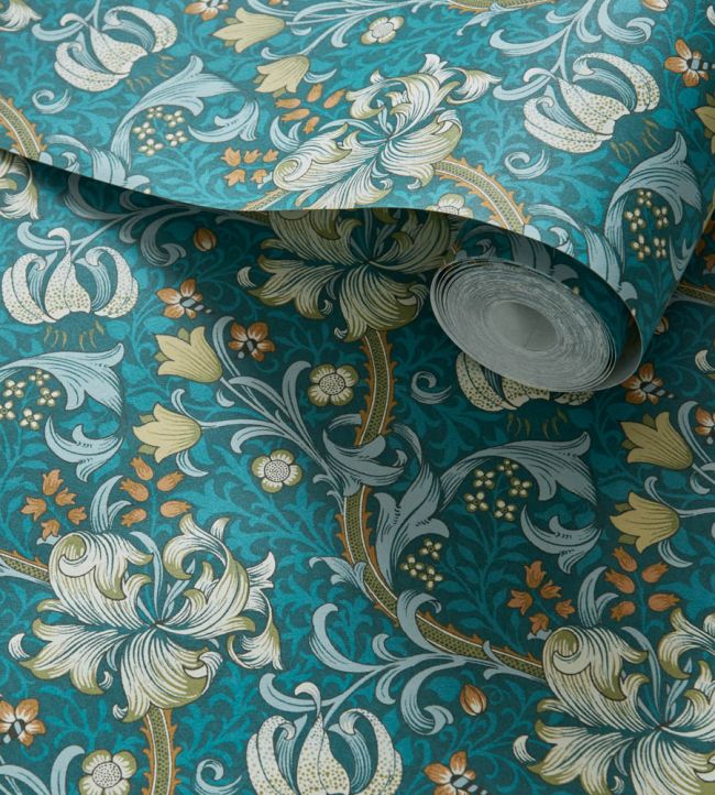 Golden Lily Wallpaper - Colour Teal - W0174/03 - Clarke & Clarke - William Morris - Morris Wallpaper