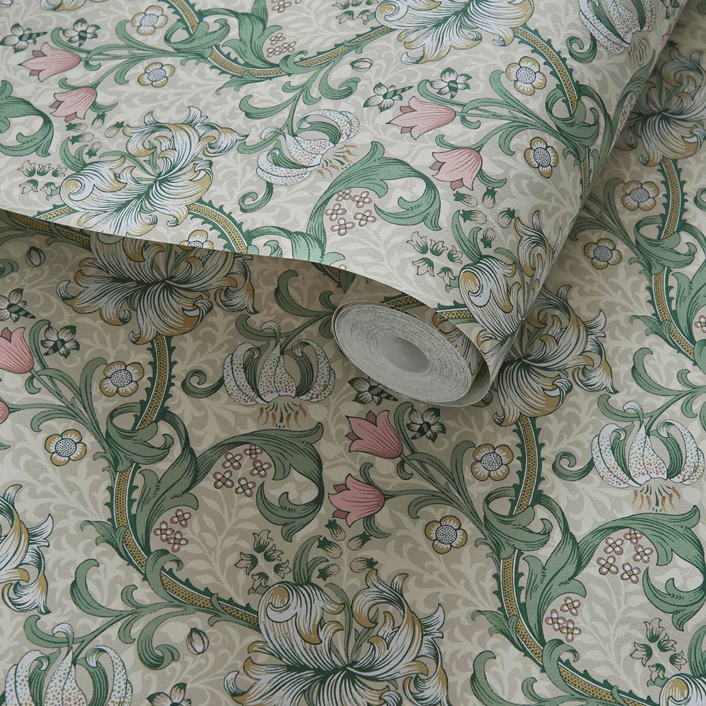 Golden Lily Wallpaper - Linen/Blush - Clarke & Clarke - W0174/01 - Morris Wallpaper