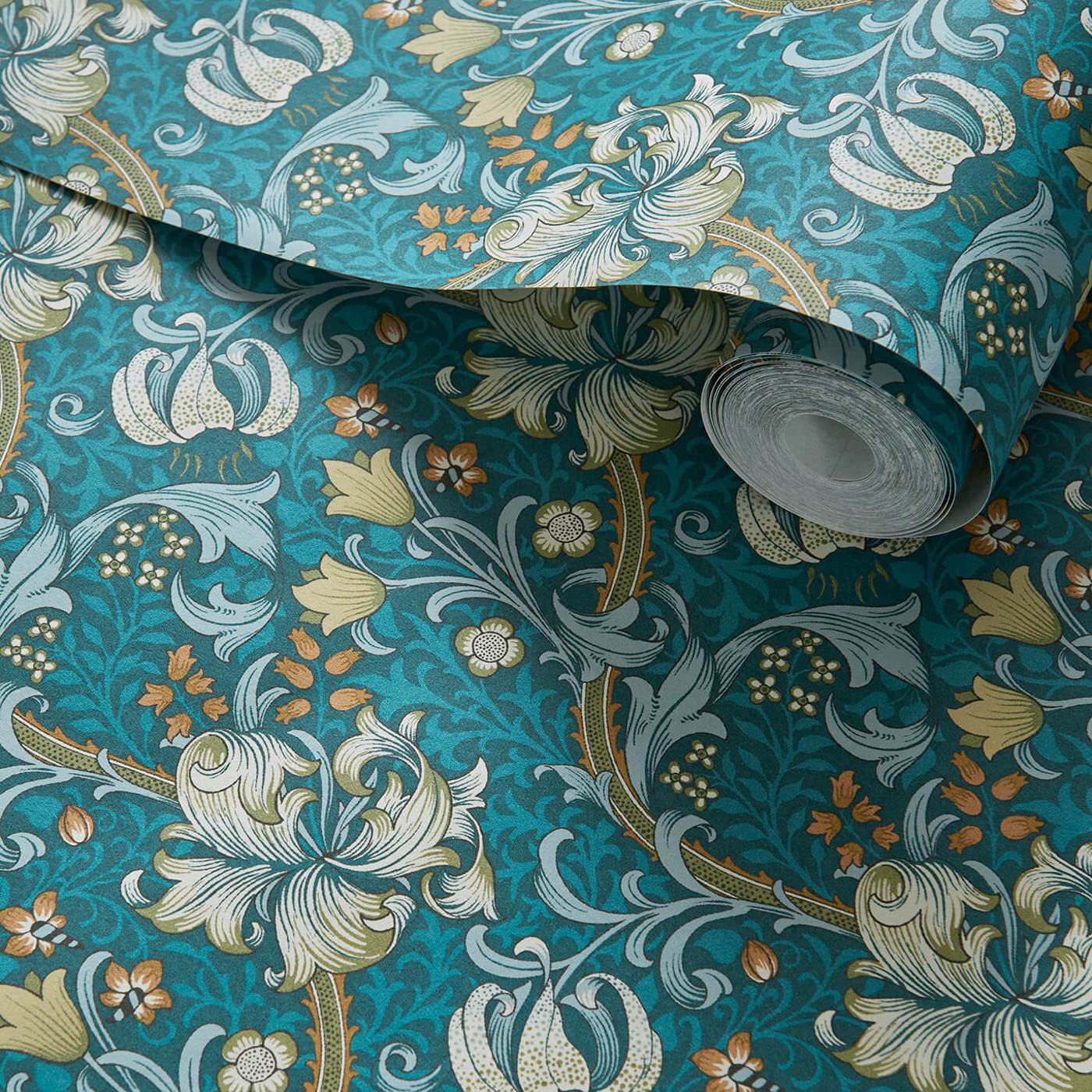 Golden Lily Wallpaper - Teal - Clarke & Clarke - W0174/03 - Morris Wallpaper