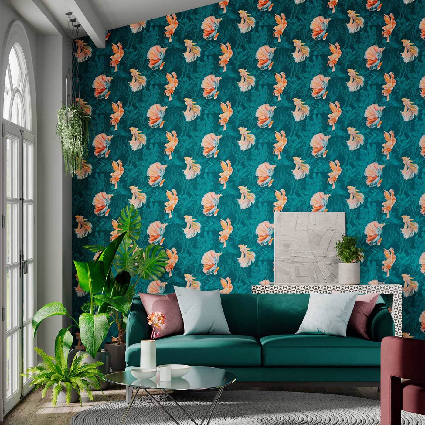 Halfmoon Wallpaper - Azurite/ Coral - HTEW112767 - Harlequin - Premier Wallcovering