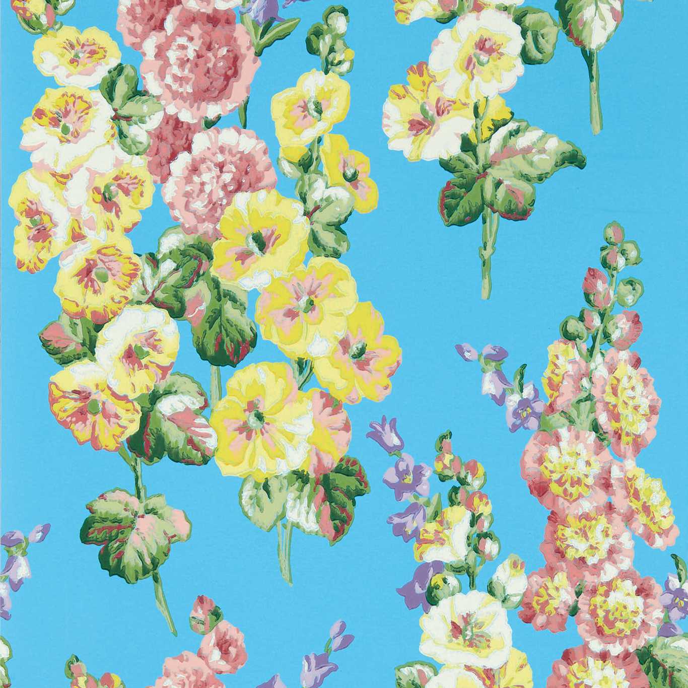Hollyhocks Wallpaper - Fire Pink/Bright Blue - DOSW217033 - Sanderson - One Sixty - Morris Wallpaper