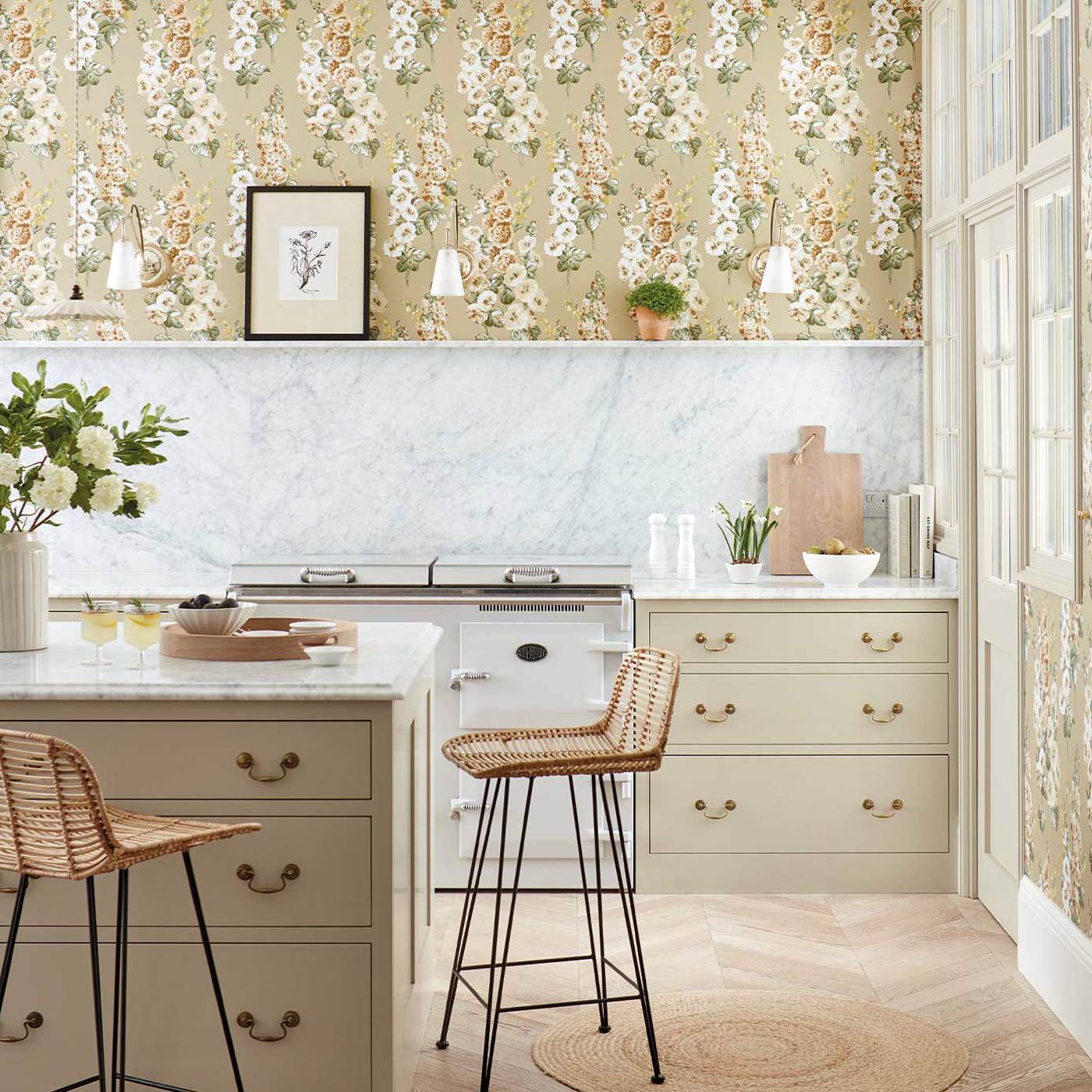 Hollyhocks Wallpaper - Gold Metallic/Tan - Sanderson - DOSW217034 - Morris Wallpaper