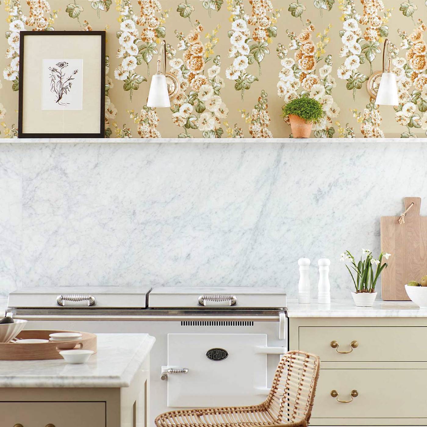 Hollyhocks Wallpaper - Gold Metallic/Tan - Sanderson - DOSW217034 - Morris Wallpaper