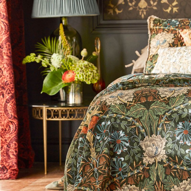 Honeysuckle And Tulip Velvet Fabric - Black Walnut/Stone - Morris & Co - 236938 - Premier Wallcovering