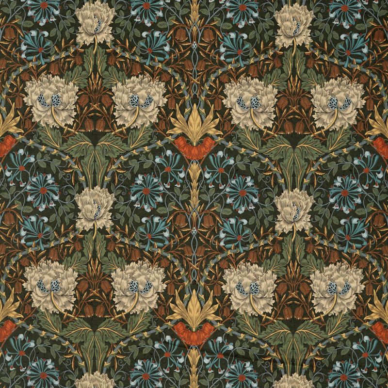 Honeysuckle And Tulip Velvet Fabric - Forest/Chestnut - Morris & Co - 236939 - Premier Wallcovering