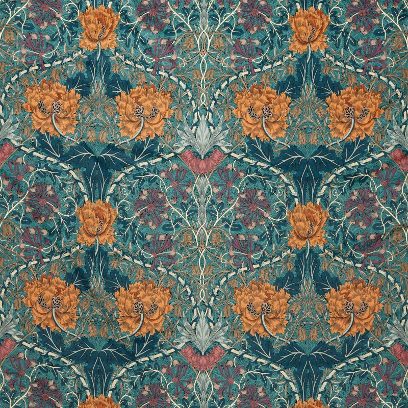 Honeysuckle And Tulip Velvet Fabric - Woad/Mulberry - Morris & Co - 236940 - Premier Wallcovering