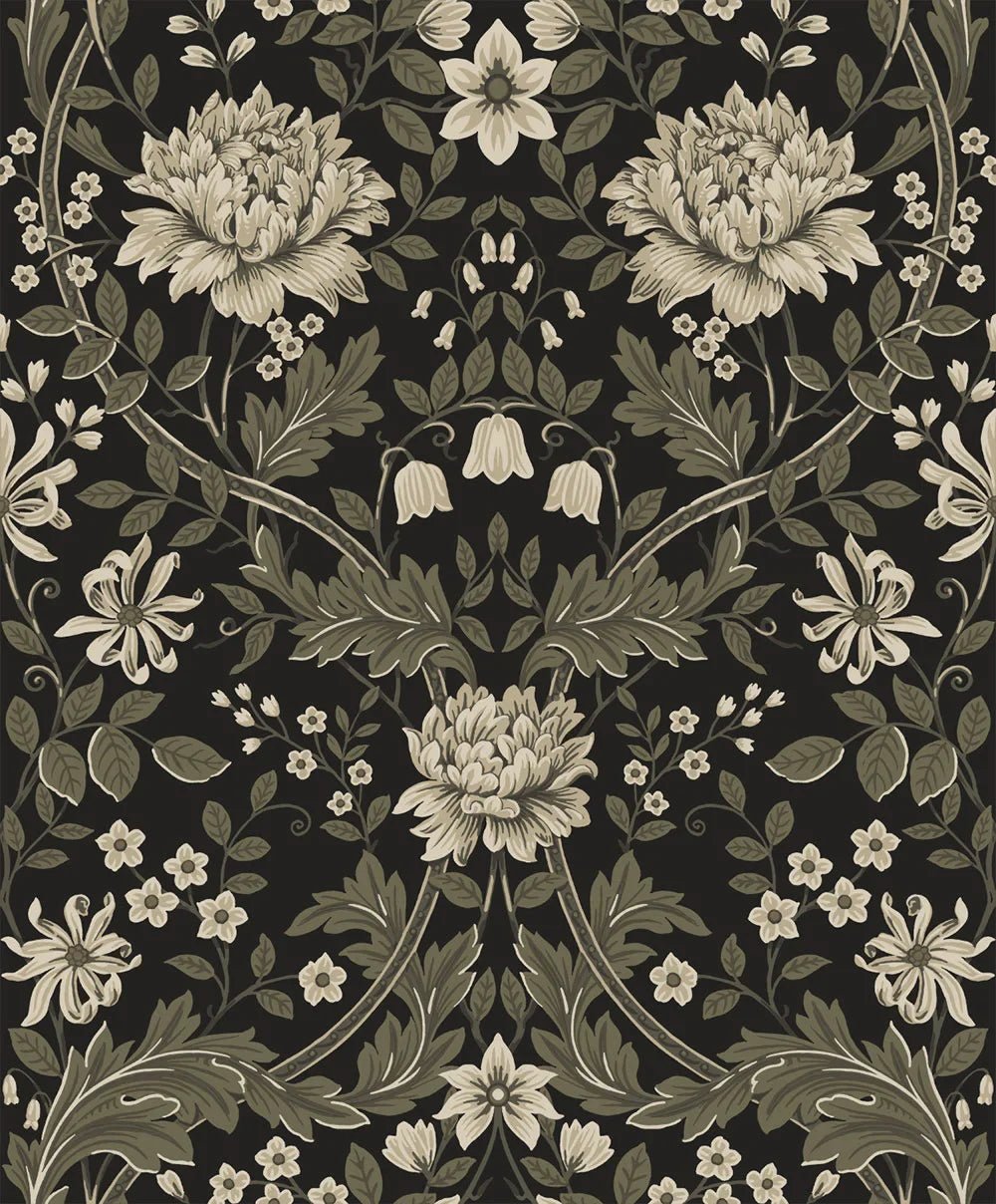 Honeysuckle Trail Wallpaper - Ebony & Pavestone - NextWall - NW44610 - Morris Wallpaper