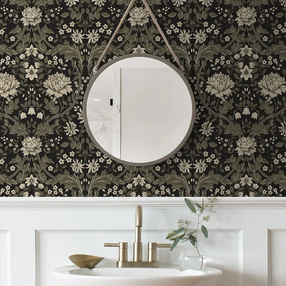 Honeysuckle Trail Wallpaper - Ebony & Pavestone - NextWall - NW44610 - Morris Wallpaper