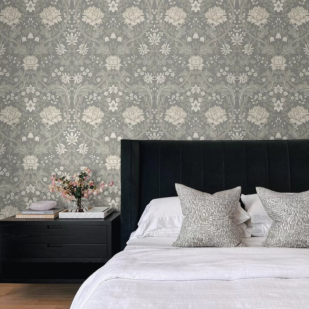 Honeysuckle Trail Wallpaper - Grey - NextWall - NW44608 - Morris Wallpaper