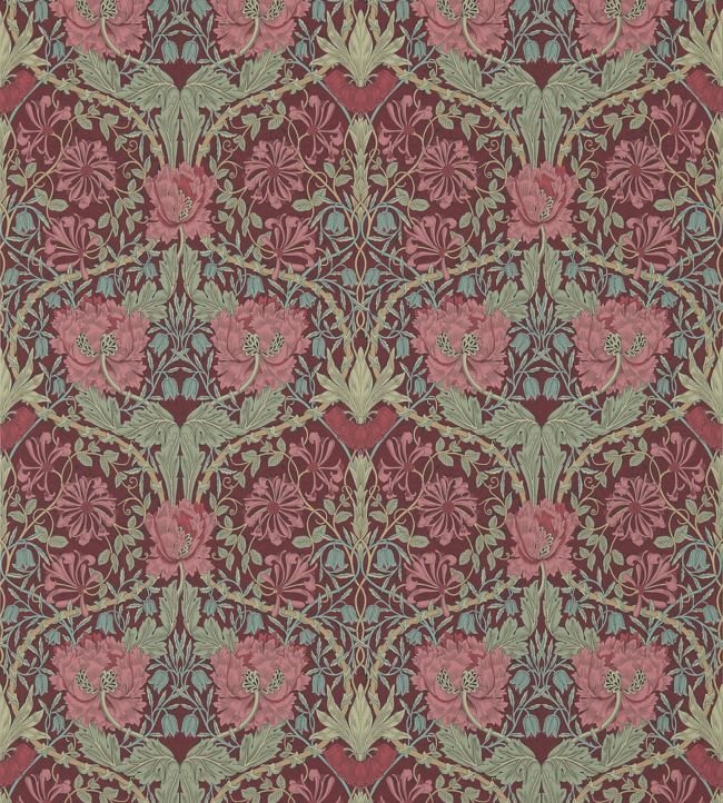 Honeysuckle & Tulip Wallpaper - Burgundy/Sage - 214703 - Morris & Co