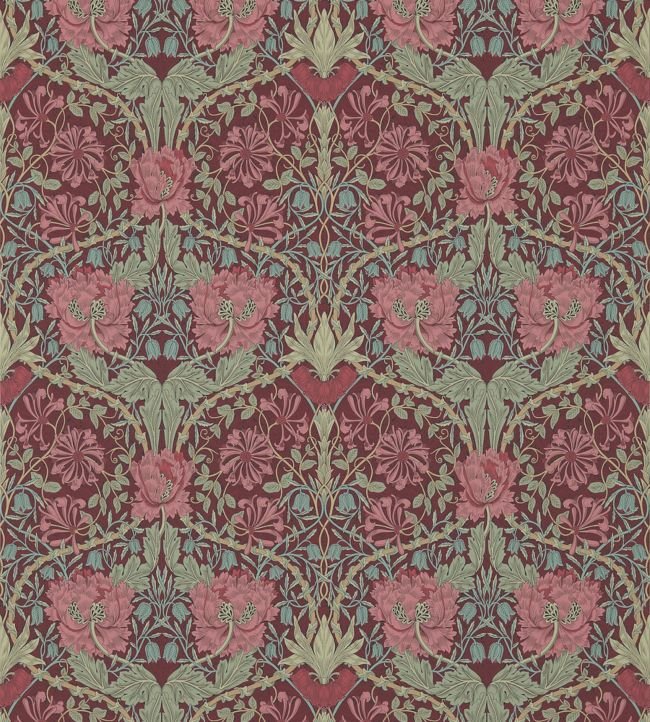 Honeysuckle & Tulip Wallpaper - Burgundy/Sage - DM3W214703 - Morris & Co - Morris Wallpaper
