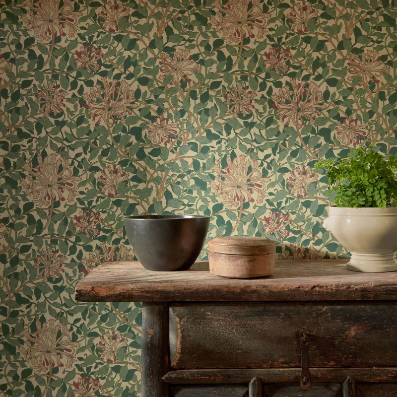 Honeysuckle Wallpaper - Green/Coral/Pink - DMC1HS102 - Morris & Co - Morris Wallpaper