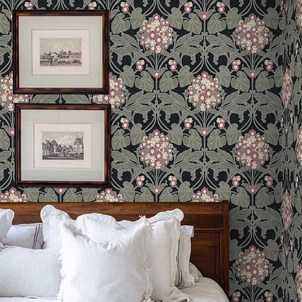 Hydrangea Floral Wallpaper - Black & Rosewood - NextWall - NW60410 - Morris Wallpaper