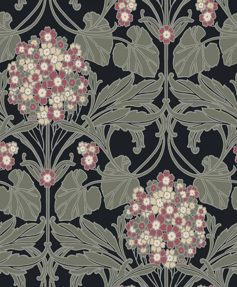 Hydrangea Floral Wallpaper - Black & Rosewood - NextWall - NW60410 - Morris Wallpaper