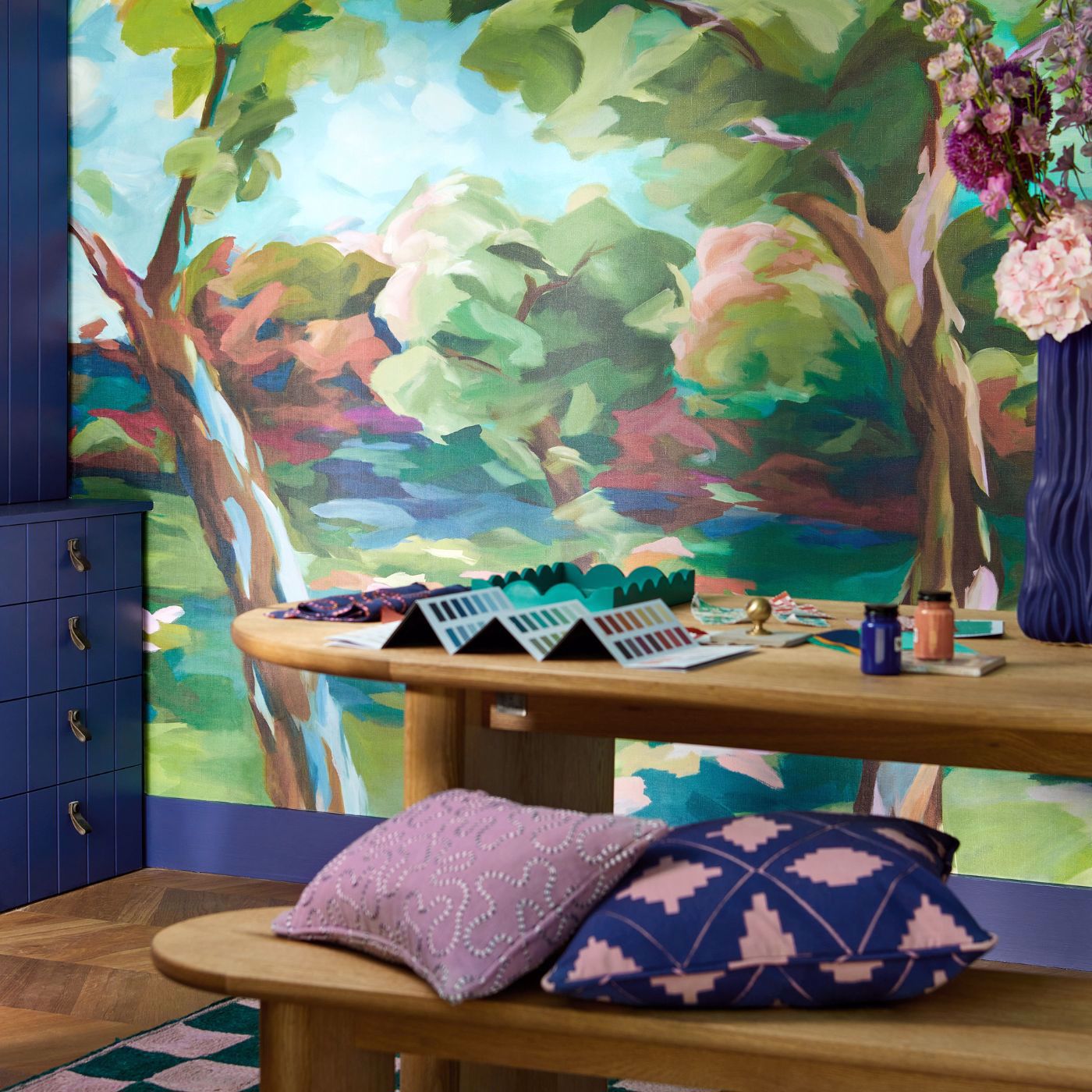 In The Woods Wallpaper - Sky/Emerald/Carnelian - HSRW113068 - Harlequin - Sophie Robinson - Morris Wallpaper