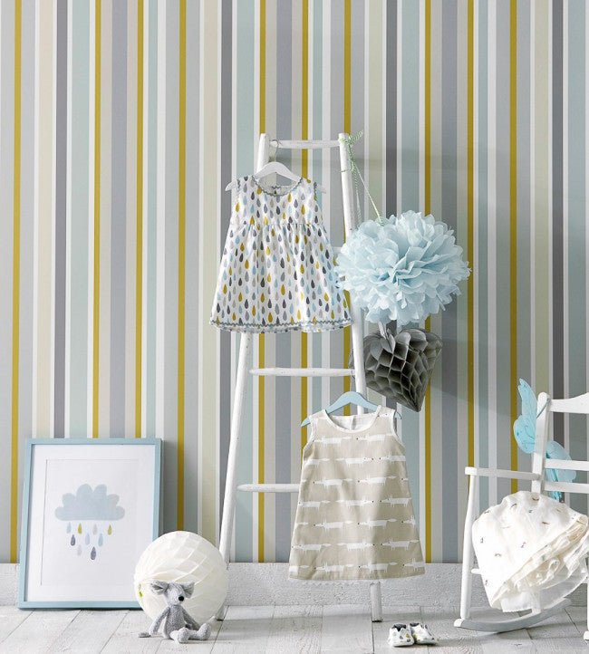 Jelly Tot Stripe Wallpaper - Slate / Biscuit / Maize - 111262 - Scion - Morris Wallpaper